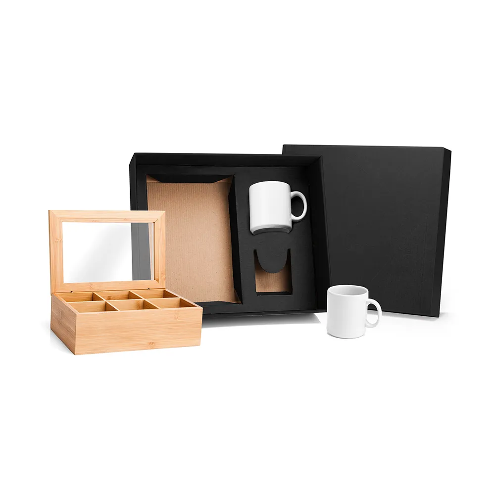 Kit para chá com caixa em bambu e duas canecas em porcelana (270ml cada). Estão perfeitamente acomodados em uma caixa para presentear.