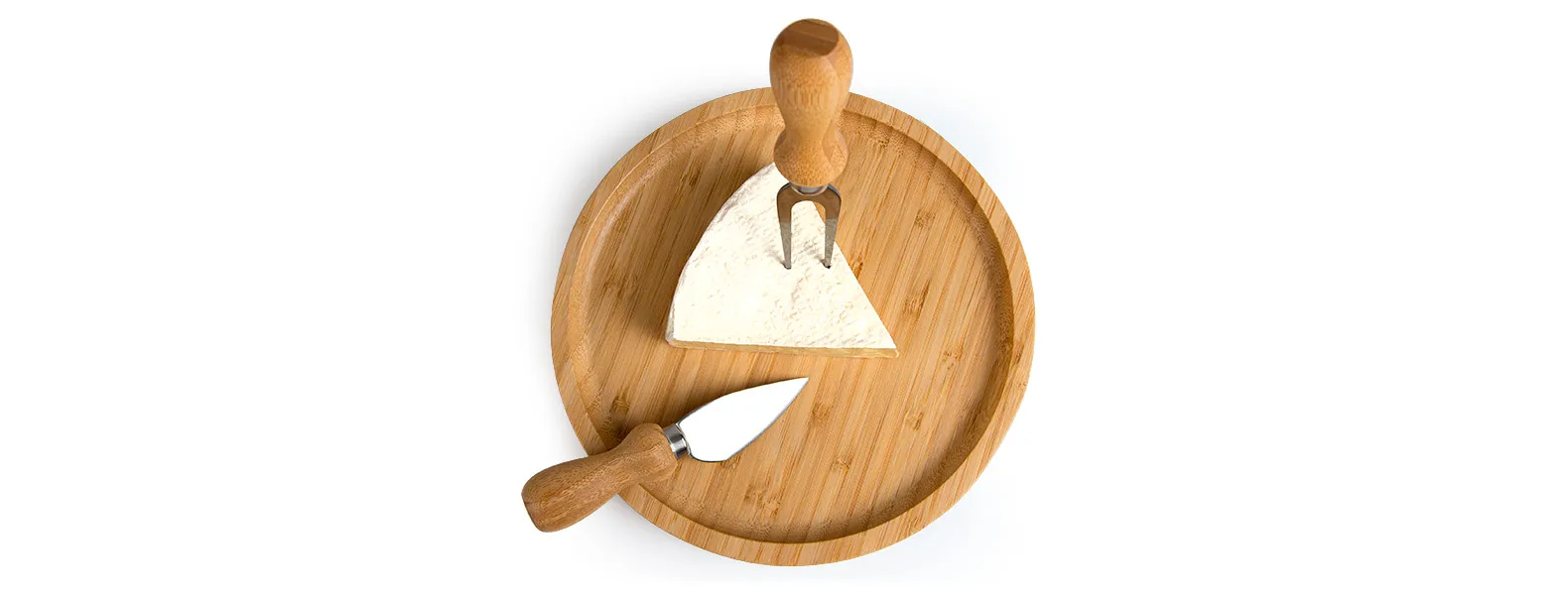 Kit para petisco / queijo. Conta com petisqueira espátula em bambu; faca e garfo para queijo.