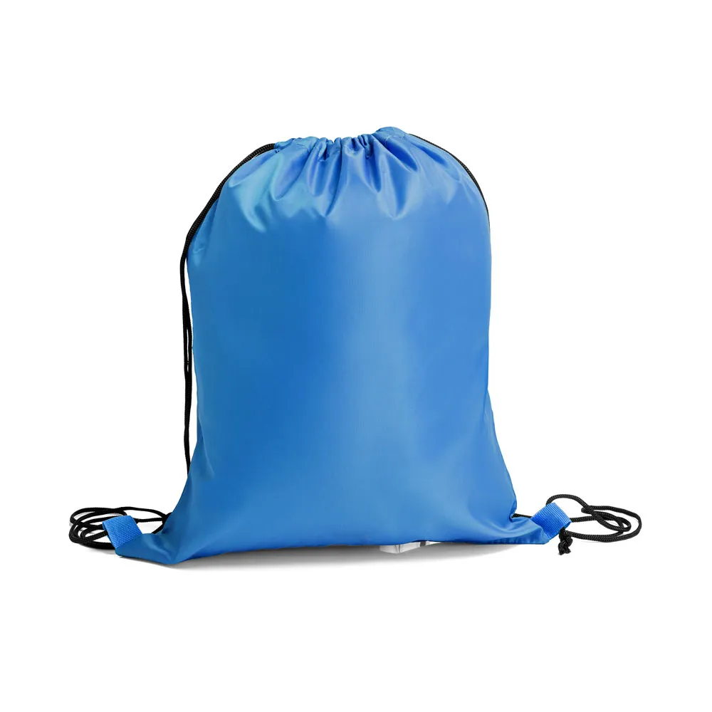 Mochila sacola em Nylon 420 azul. Conta com alças para as costas tipo cordão e cantos reforçados.
