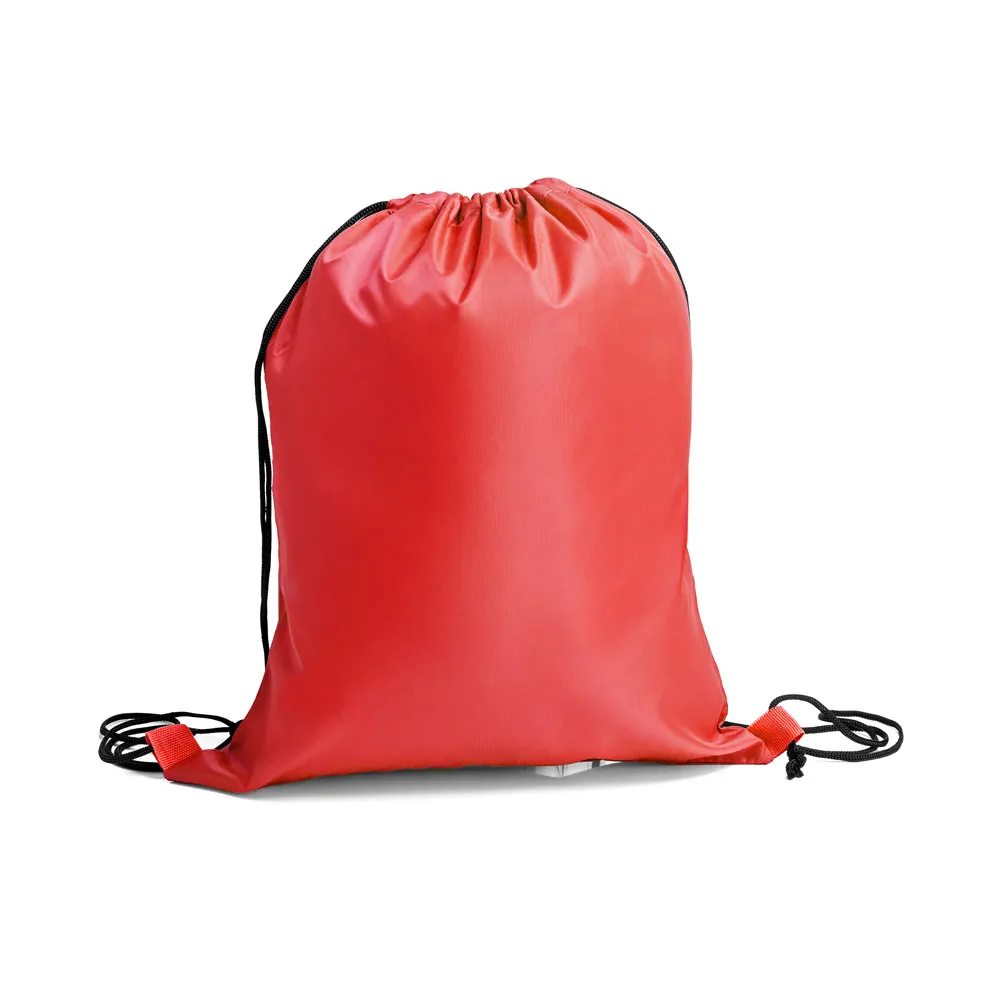 Mochila sacola em Nylon 420 vermelha. Conta com alças para as costas tipo cordão e cantos reforçados.