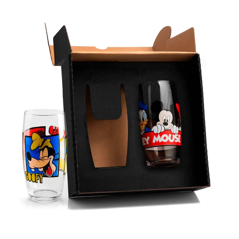 Kit personalizado contendo uma moringa com copo Mickey em vidro e embalagem.