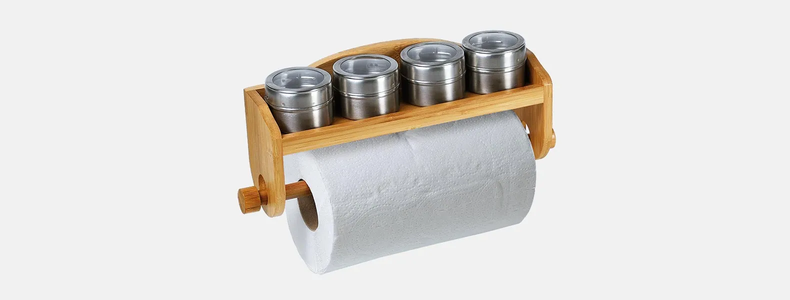 Porta Condimentos em Bambu/Aço Inox com acessórios. Acompanha base com furos para parede e suporte para rolo de papel toalha em Bambu; 4 porta condimentos em Aço Inox com tampa.