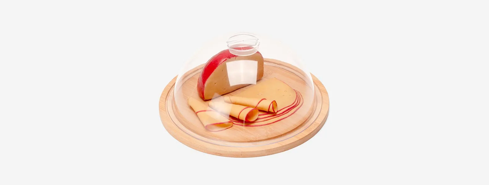 Porta queijo em Bambu/Policarbonato. Conta com base em bambu Ø22cm e tampa em Policarbonato.