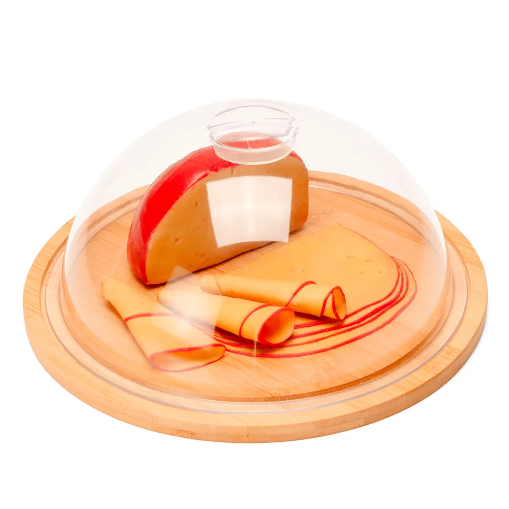 Porta queijo em Bambu/Policarbonato. Conta com base em bambu Ø22cm e tampa em Policarbonato.