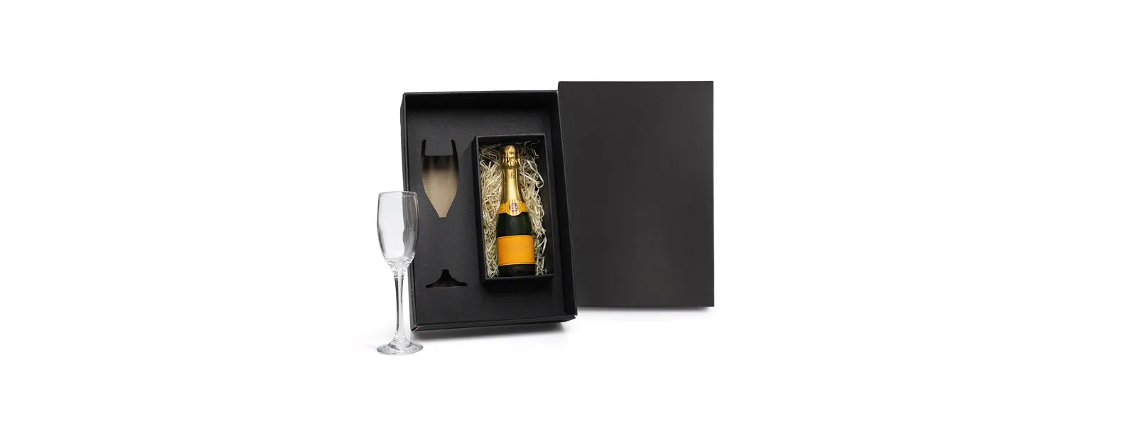 Taça de vidro para champanhe com espaço para mini garrafa em embalagem com tampa e fundo (NÃO ACOMPANHA GARRAFA).