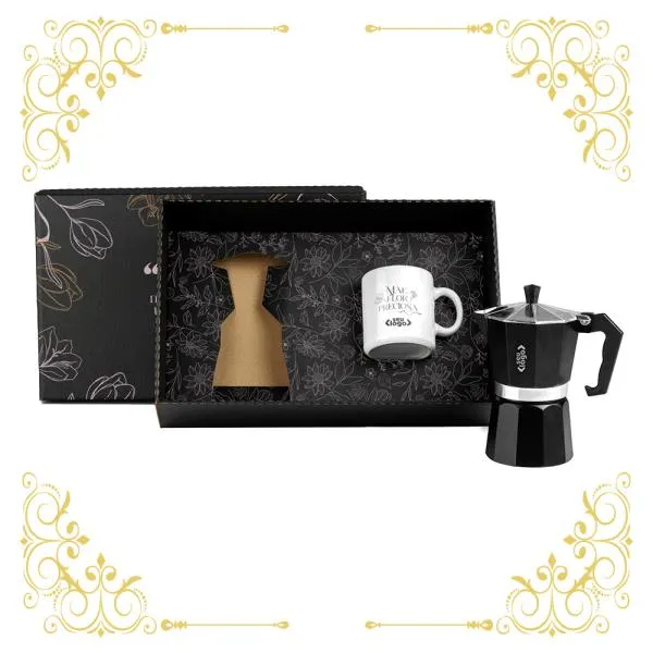 Kit para café. Conta com cafeteira italiana em alumínio e caneca em cerâmica 270ml.