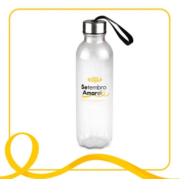 Garrafa transparente em PET. Conta com tampa rosqueável em Aço Inox com cordão. Livre de BPA. Capacidade: 600ml