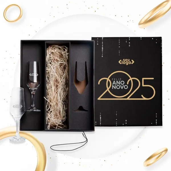 Jogo com 2 taças de vidro para Champagne, com espaço para a garrafa grande (NÃO ACOMPANHA GARRAFA). Capacidade: 186ml.