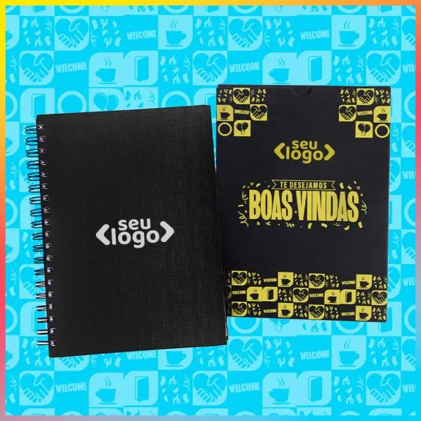 Caderno para anotações wire-o preto com capa dura revestida em percalux linho. Conta com folha para dados pessoais, calendário e 100 folhas pautadas. Gramatura da folha de 70 g/m2