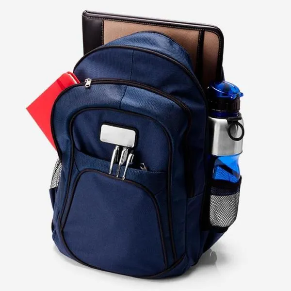 Mochila azul em Poliester 600D/1680D com alças para as costas, alça para as mãos, compartimento para notebook de até 15, 3 bolsos externos com zíper e 2 bolsos externos em tela. Utilidade do Produto: Uma mochila ideal para quem precisa de conforto, praticidade e organização no trabalho, nas viagens e no dia a dia.