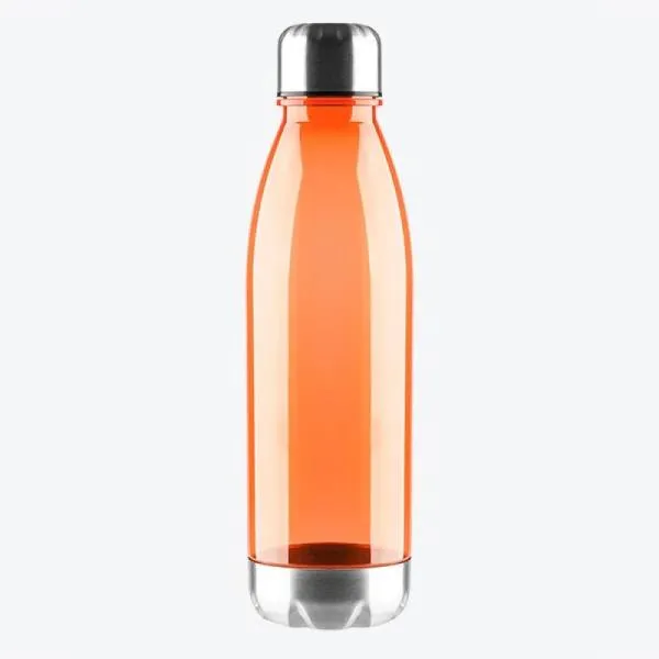 Garrafa em Policarbonato laranja. Conta com tampa e base em Aço Inox; tampa rosqueável. Capacidade: 750ml