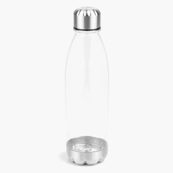 Garrafa em Policarbonato transparente. Conta com tampa e base em Aço Inox; tampa rosqueável. Capacidade: 750ml