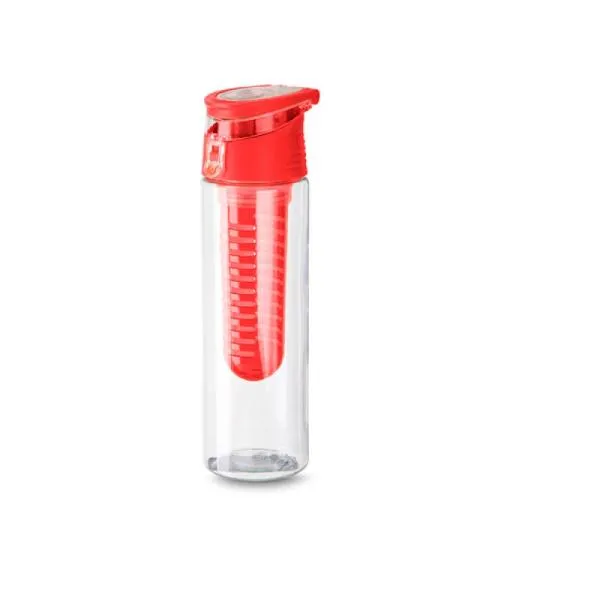 Squeeze em Plástico AS transparente/vermelho. Conta com infusor para aromatizar o líquido, tampa principal rosqueável, tampa abre e fecha e alça que facilita o transporte. Pode ser usado sem o infusor como um squeeze normal. Capacidade: 750ml