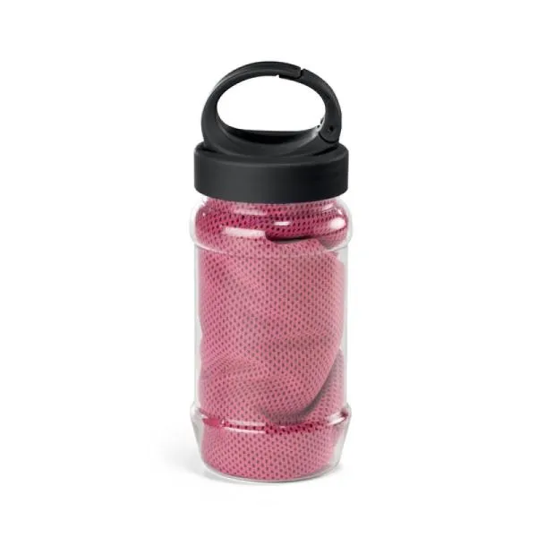 Toalha para esporte rosa com garrafa em PP e PET. Toalha refrescante, quando molhada permanece fria durante horas. Se aquecer, basta balançar reativando sua frescura. Reutilizável e lavável à máquina. Capacidade da garrafa: 440ml