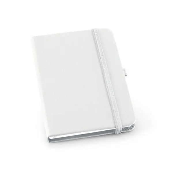 Caderno para anotações branco com capa dura. Conta com 80 folhas pautadas, porta caneta, marca página e elástico para fechamento. Gramatura da folha de 70 g/m2