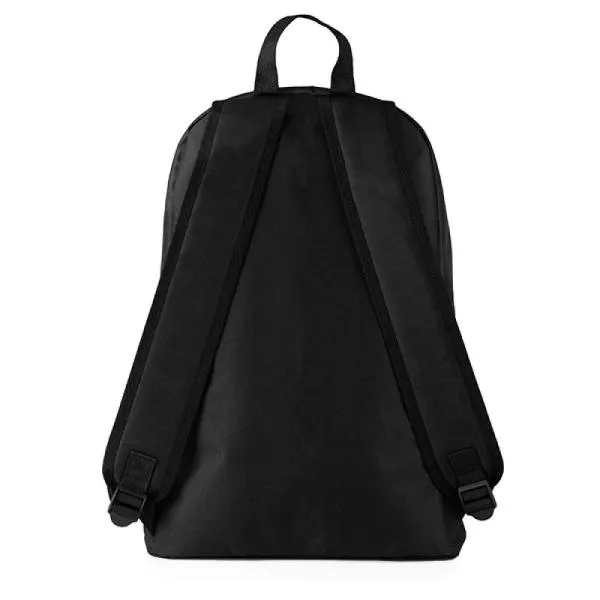 Mochila preta confeccionada em Polyester 600D. Conta com bolso principal com zíper duplo cursor, bolso frontal em zíper diagonal, dois bolsos laterais, divisória para notebook, alças ajustáveis e alça de mão.