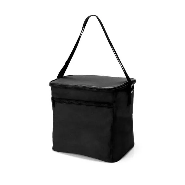 Bolsa Térmica preta em Polyester 600D, 300D e PEVA. Conta com alças de mão, tampa com zíper duplo cursor e bolso frontal com zíper. Tempo de Conservação aproximado: Frio 10 horas / Quente 3 horas.