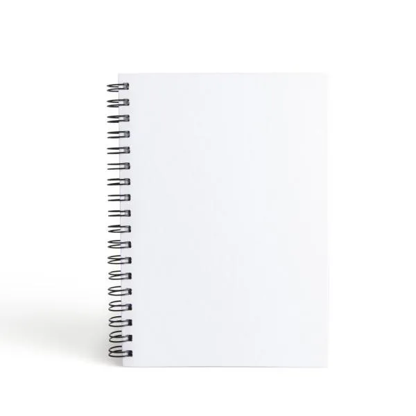 Caderno para anotações wire-o branco com capa dura. Conta com folha para dados pessoais, calendário e 100 folhas pautadas. Gramatura da folha de 70 g/m2