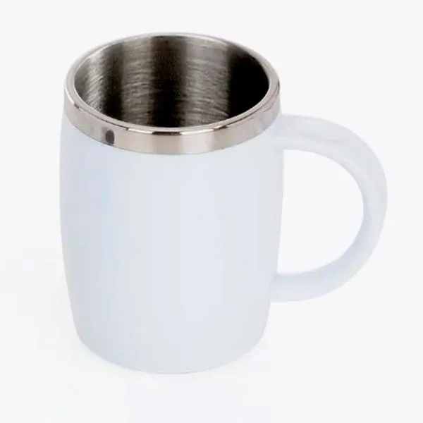 Caneca em Aço Inox com revestimento de Poliestireno branco e tampa em Polipropileno. Capacidade: 400 ml