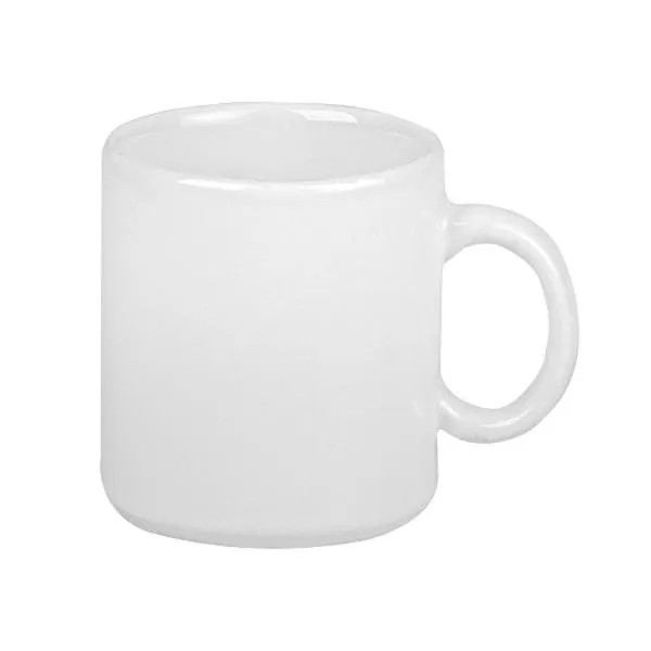 Caneca em cerâmica branca com capacidade total de 270 ml.