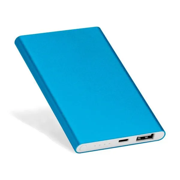 Carregador portátil azul em Alumínio. Conta com bateria de lítio; cabo para carregar; capacidade de 4.400 mAh. Disponível nas cores: prata, preto, azul, vermelho e champagne.