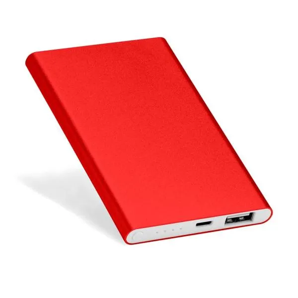 Carregador portátil vermelho em Alumínio. Conta com bateria de lítio; cabo para carregar; capacidade de 4.400 mAh. Disponível nas cores: prata, preto, azul, vermelho e champagne.