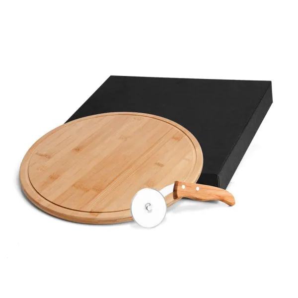 Conjunto para pizza em bambu. Acompanha tábua em bambu e cortador de pizza em Bambu/Inox.