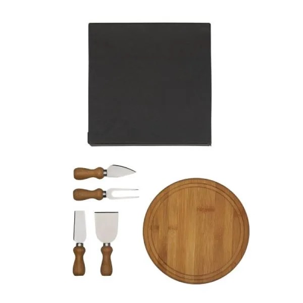 Kit para queijo. Conta com tábua redonda em bambu; duas facas, uma espátula e um garfo em inox/madeira para queijos. Tábua confeccionada com tripla camada invertida, para dar maior durabilidade e não deformar com o passar do tempo.