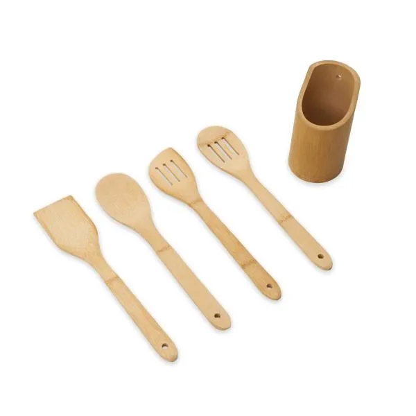 Conjunto de Utensílios de 30cm em Bambu, composto por colher, colher perfurada, espátula perfurada, espátula reta e porta utensílios.