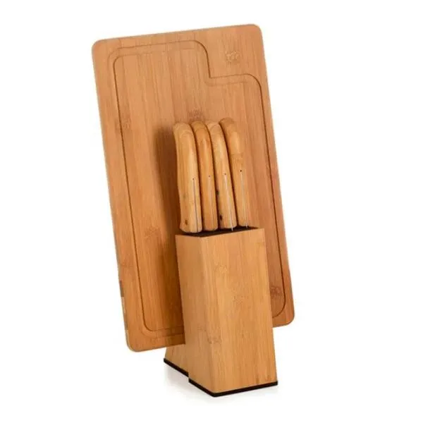 Conjunto para Cozinha. Composto por tábua e cepo em Bambu; faca 7, faca para pão 7, faca santoku em Bambu/Inox. Acompanha também uma faca de filetiar 5 em Madeira/Inox.