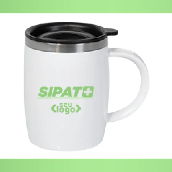 Caneca em Aço Inox com revestimento de Poliestireno branco e tampa em Polipropileno. Capacidade: 400 ml