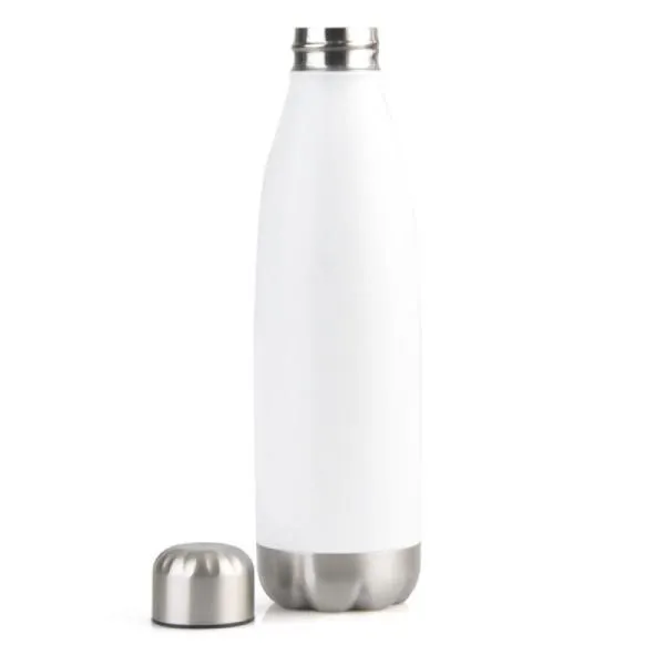 Garrafa em Aço Inox branca com tampa rosqueável e capacidade total de 700ml.