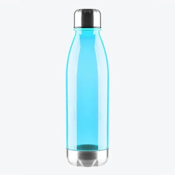 Garrafa em Policarbonato azul Conta com tampa e base em Aço Inox; tampa rosqueável. Capacidade: 750 ml