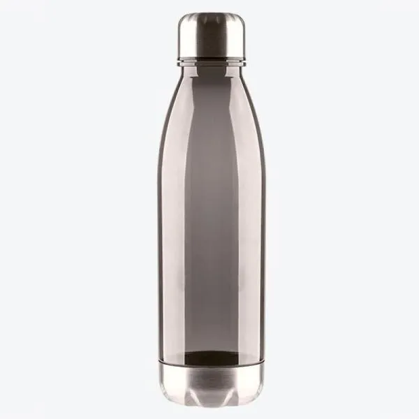 Garrafa em Policarbonato fumê. Conta com tampa e base em Aço Inox; tampa rosqueável. Capacidade: 750ml