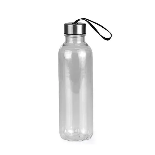 Garrafa transparente em PET. Conta com tampa rosqueável em Aço Inox com cordão. Livre de BPA. Capacidade: 600ml