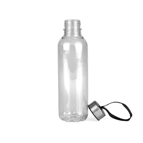 Garrafa transparente em PET. Conta com tampa rosqueável em Aço Inox com cordão. Livre de BPA. Capacidade: 600ml