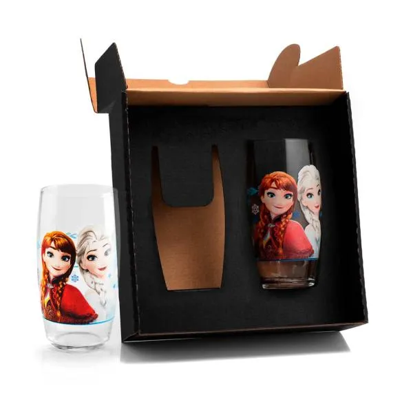 Jogo de copos personalizados com dois copos Frozen em vidro e embalagem.