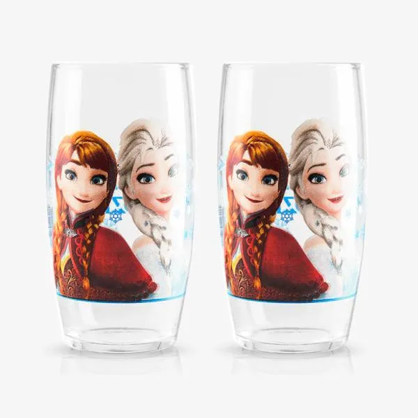 Jogo de copos personalizados com dois copos Frozen em vidro e embalagem.