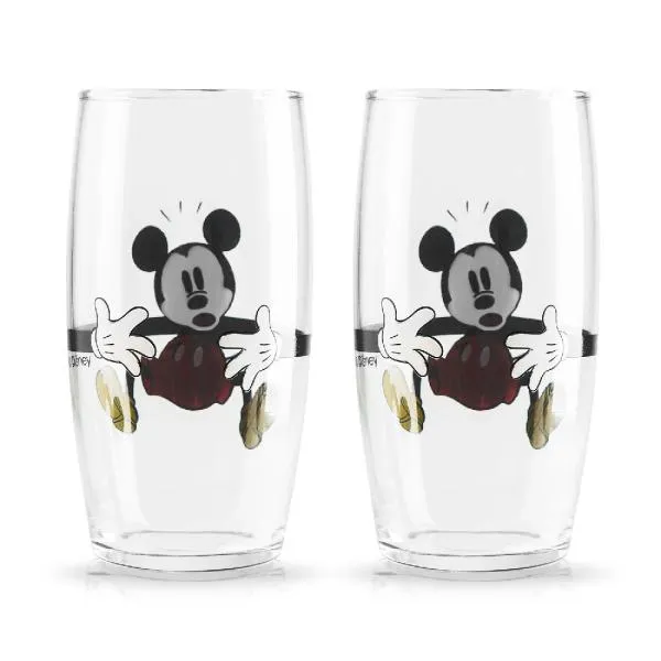 Jogo de copos personalizados contendo dois copos Mickey em vidro e embalagem.