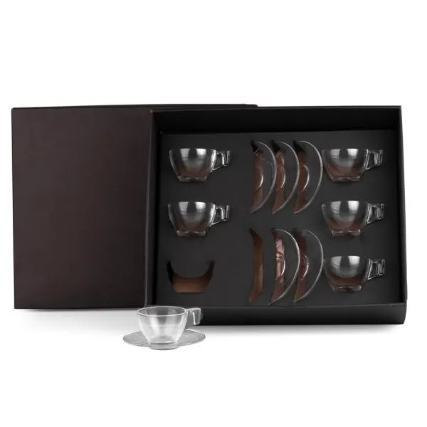 Jogo de xícaras. Kit para café contendo seis xícaras com pires em vidro. Capacidade: 90 ml cada xícara.