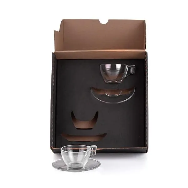 Jogo de xícaras. Kit para café contendo duas xícaras com pires em vidro. Capacidade: 90 ml cada xícara.