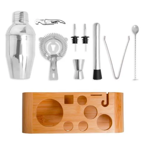 Kit com nove acessórios úteis para bar em aço inox, sendo um abridor saca rolhas; coqueteleira em aço inox com 350 ml; uma colher de mistura; dois dosares; coador; dois bicos dosadores; pegador para gelo; socador e base em bambu.