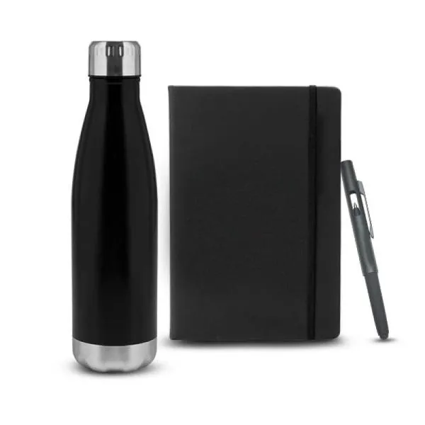 Kit composto por garrafa em aço Inox preta com tampa rosqueável; caderno para anotações preto com capa dura e caneta esferográfica em ABS preta.