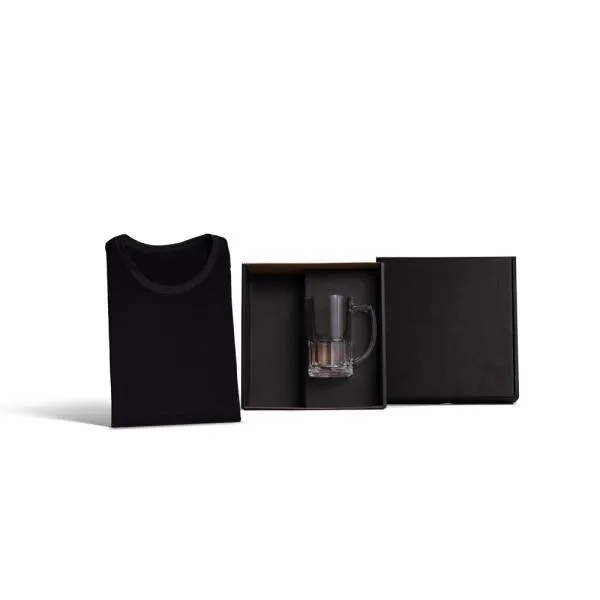 Kit composto por caneca de vidro para chopp ou cerveja com capacidade de 340 ml e camiseta tamanho G.