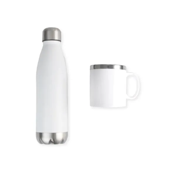 Kit garrafa e caneca. Conta com garrafa em aço inox branca com tampa rosqueável e capacidade total de 700ml e caneca de 300 ml em aço inox revestida em poliestireno branco. Acompanha embalagem para presente.