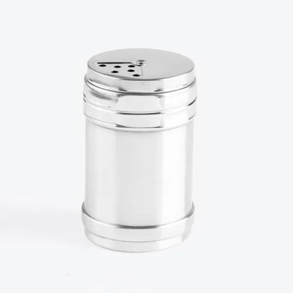 Kit contendo dois potes de aço inox para tempero com tampa giratória acomodados em uma embalagem para presente.