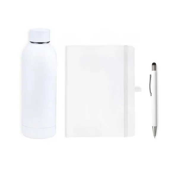 Composto por garrafa branca com dupla parede de Inox; caderno para anotações branco com capa dura e caneta esferográfica em alumínio branca.