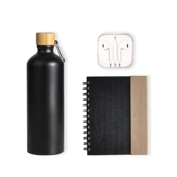 Conta com garrafa, caderno espiral preto/bege com capa, caneta em Papelão Reciclado rígido e fone de ouvido.