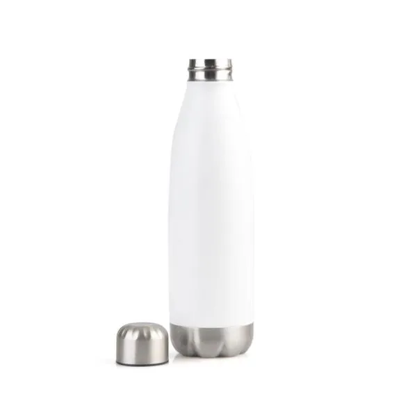 Kit garrafa e caneca. Conta com garrafa em aço inox branca com tampa rosqueável e caneca em cerâmica branca.