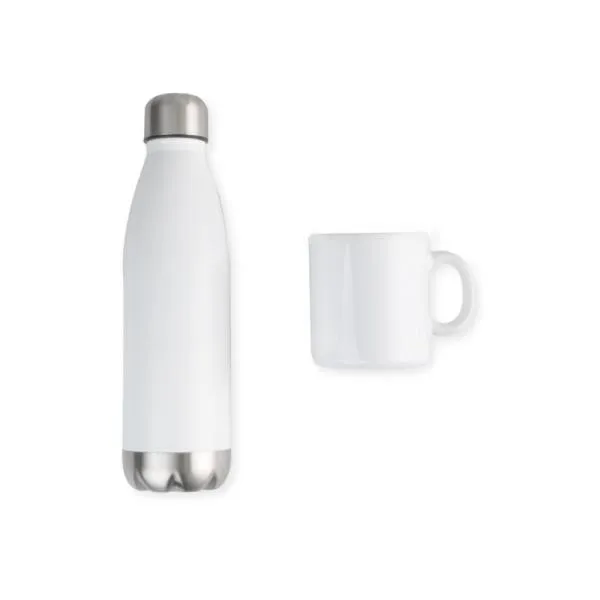 Kit garrafa e caneca. Conta com garrafa em aço inox branca com tampa rosqueável e caneca em cerâmica branca.